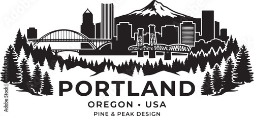 Portland Oregon cityscape with mountain and trees illustration