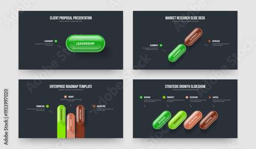 Sales Portfolio 1 2 3 4 Option Infographic Slideshow Layout Set. Market Development One Two Three Four Element Diagram Frame Design Vector Illustration Bundle.