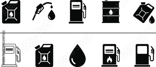 Icons of Gasoline Cans, Gas Pumps, and Fuel Droplets untitled illustration