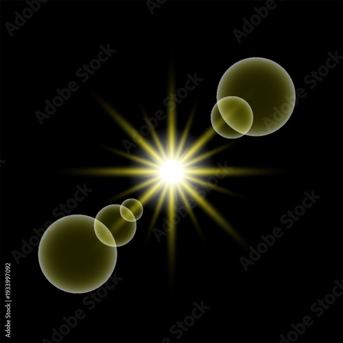 A radiant burst of light with floating spheres in a cosmic void