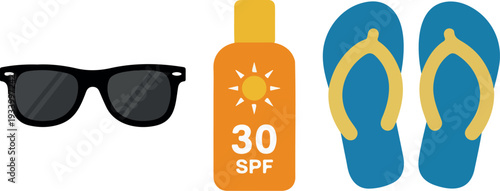 Essential summer accessories in a flat illustration: black sunglasses, orange SPF 30 sunscreen bottle, and blue flip-flop with yellow straps on a dark backdrop