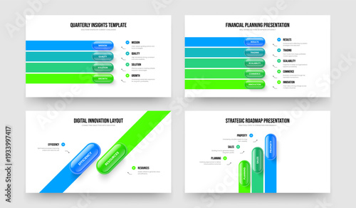 Project Solution Four Five Two Three Option Diagram Frame Template Vector Illustration Collection. Digital Forecast 4 5 2 3 Element Infographic Slideshow Layout Set.