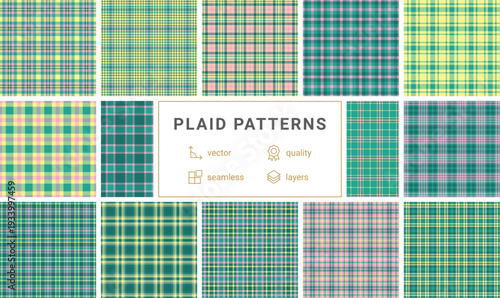 Discover this vibrant seamless plaid pattern in pastel pink, yellow, and teal. A modern geometric design perfect for spring fashion, textile prints, and playful digital backgrounds.