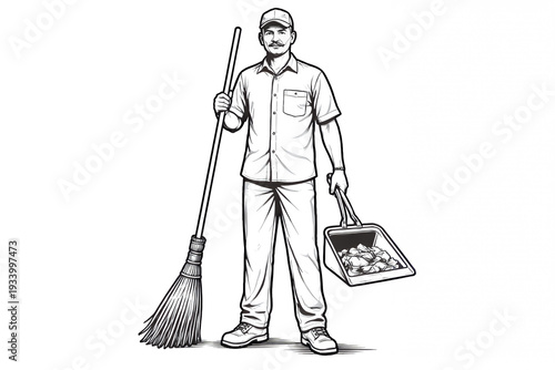 Sanitation Worker Holding Broom and Dustpan Black and White Line Art Illustration