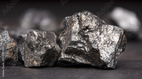 Raw molybdenum ore crystals on black shale with metallic reflections,showcasing strategic mineral resources and clean energy materials for industrial use.