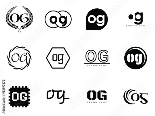 OG logo company template. Letter o and g logotype. Set different classic serif lettering and modern bold text with design elements. Initial font typography.