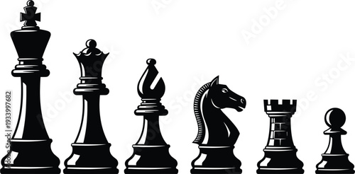 Black silhouette chess pieces king queen bishop knight rook pawn on white game strategy