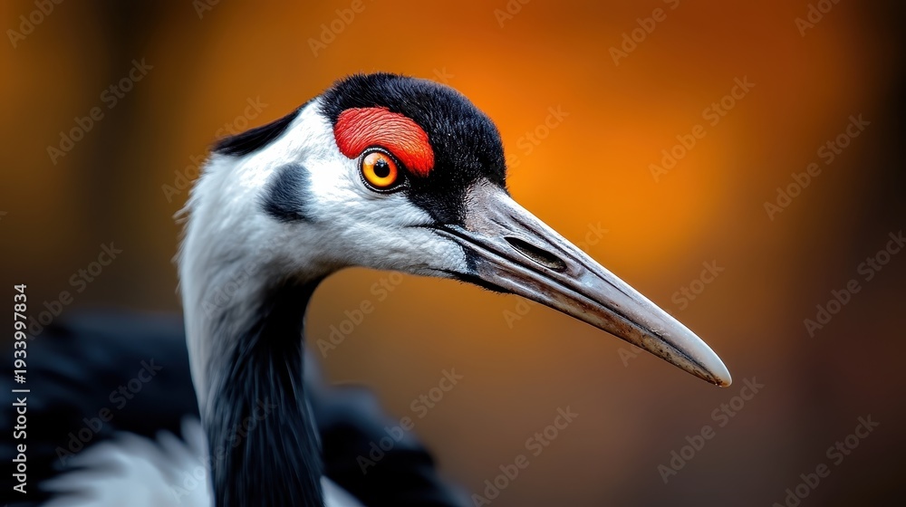 Naklejka premium This stunning close-up showcases the beauty of a crane with vivid plumage and intense eyes, perfectly captured in a warm, vibrant backdrop that highlights its graceful features.