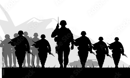 Silhouette of Military Soldiers Squad Marching Together with Rifles and Weapons Against Abstract Background, Depicting Army Patrol, War and Armed Forces Concept