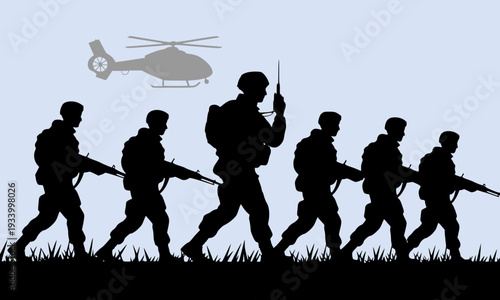 Silhouette of Military Soldiers Squad Marching in Line with Rifles Through Grass Field with Helicopter in Blue Sky, Depicting Army Patrol and War Concept