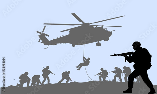 Silhouette of Military Helicopter with Soldiers Rappelling Down While Armed Combat Team Advances on Ground Against Blue Sky, Depicting Special Forces Operation and War Concept