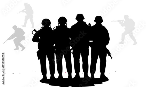 Silhouette of Military Soldiers Squad Standing Together with Rifles and Weapons, with Various Combat Poses in Background, Depicting Army and War Concept