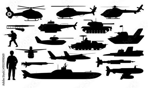  Set of Military Silhouettes Including Helicopter, Tank, Warship, Submarine, Fighter Jet, Missile and Soldier Icons for Army and Defense Design