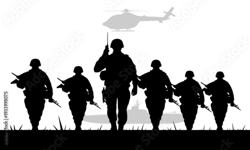 Silhouette of Military Soldiers Squad Marching with Rifles and Weapons Through Field with Helicopter in Background, Depicting Army Patrol and War Concept