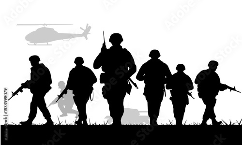 Silhouette of Military Soldiers Squad Marching Forward with Rifles and Weapons on Grass Field with Helicopter in Background, Depicting Army Patrol and War Concept