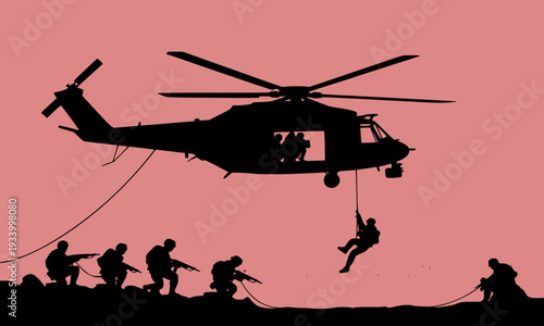  Silhouette of Military Helicopter with Soldiers Rappelling and Combat Team on Ground Against Red Sky, Depicting Special Forces Operation and War Concept