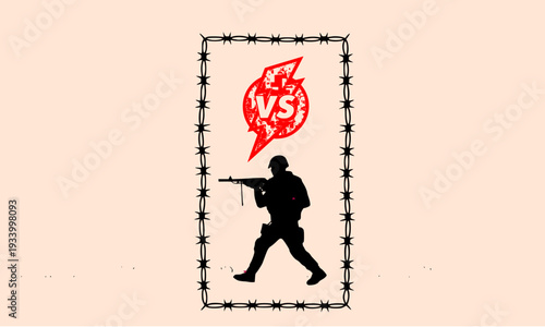 Military Soldier Silhouette with Red VS Versus Battle Icon Inside Barbed Wire Rectangle Frame Border, Depicting War, Combat and Competition Concept
