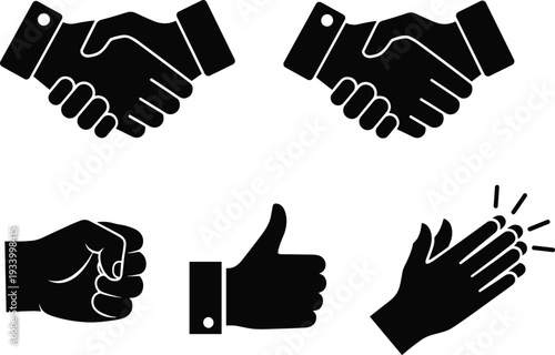 Handshake fist thumbs up and clapping hands icons on white background agreement deal