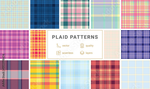 Plaid pack designed for lumberjack-inspired fashion and British outdoor style. Vector tartan designs suit apparel, blankets, scarves, and lifestyle projects.