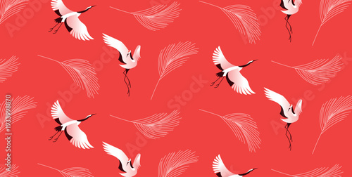 Seamless japan pattern with flying crane silhouettes on red background, minimal gradient illustration for japanese culture, travel set, festival decoration, poster, banner, web banner and social media