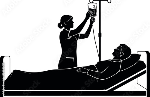 Nurse Adjusting IV Drip for Patient in Hospital Bed Silhouette