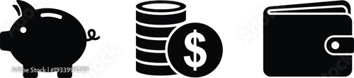 Piggy Bank Coin Stack and Wallet Icons on White Background Keywords: piggy bank, coin stack, wallet, money, finance, savings