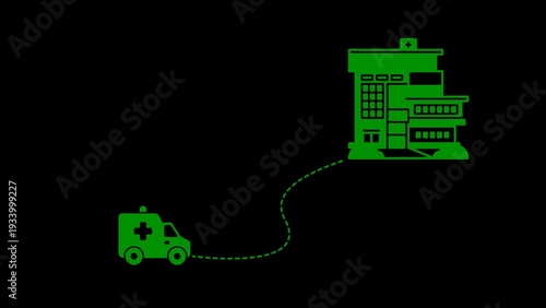 Green ambulance driving to hospital building with dotted line