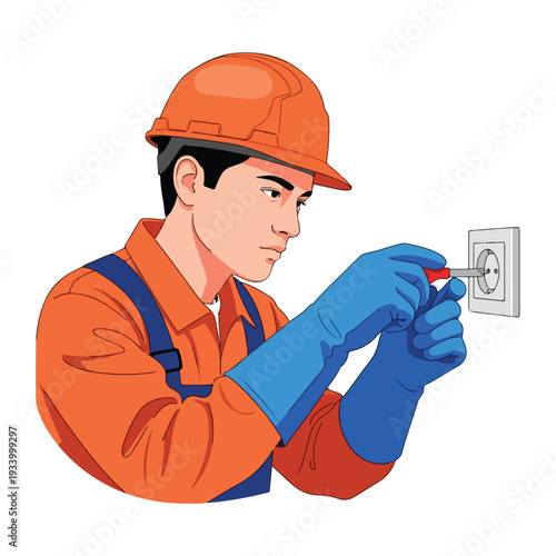 A cartoon illustration of a man in an orange jumpsuit and hard hat installing a light switch with a screwdriver on a white background.
