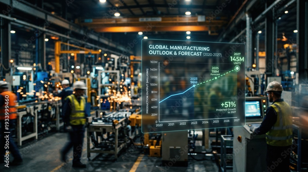 Naklejka premium Industrial factory floor with global manufacturing outlook chart for 2027. 2027 production forecast concept.