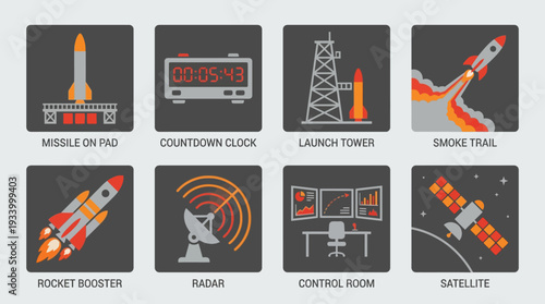 Rocket Launch Vector Illustration – Missile, Countdown, Tower, Booster, Radar, Control Room, and Satellite Icons in Black and White for Educational and Graphic Design Projects