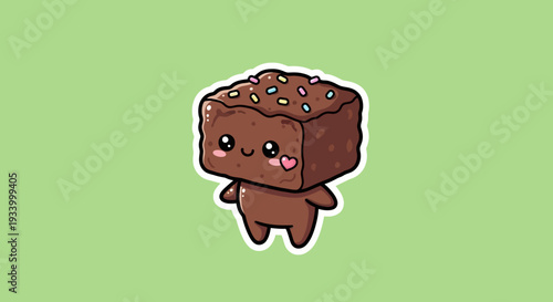 A cartoon chocolate brownie character with colorful sprinkles walking on a green background viewed from the front