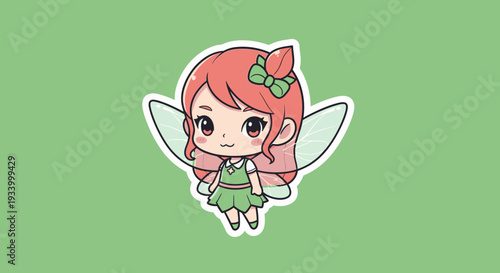A cartoon fairy with red hair and green dress floats in mid-air on a green background viewed from directly above