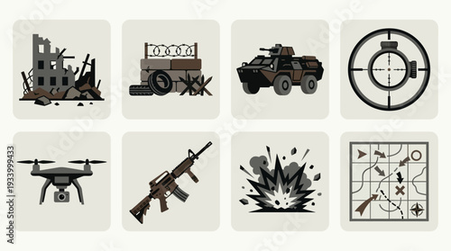 Modern Warfare Vector Illustration – Tanks, Drones, Weapons, Explosions, Fortifications, and Tactical Maps in Grayscale for Educational, Strategic, and Graphic Design Projects