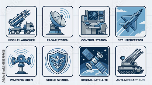 Military Defense Systems Vector Illustration – Missiles, Fighter Jet, Satellite, Communication, and Protection Icons in Blue and Gray for Educational, Tactical, and Graphic Design Projects