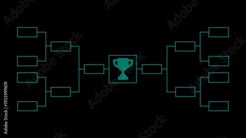 Teal tournament bracket with trophy on black background competition