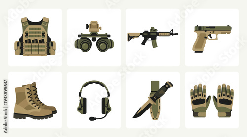 Military Gear Vector Illustration – Tactical Equipment, Weapons, Clothing, and Communication Tools in Black and White for Educational, Training, and Graphic Design Projects