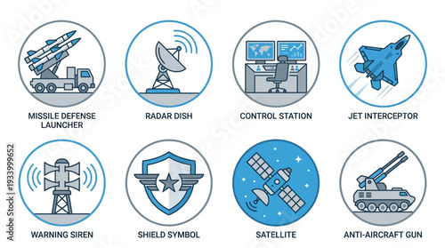Military Defense Systems Vector Illustration – Missiles, Fighter Jet, Satellite, Communication, and Protection Icons in Blue and Gray for Educational, Tactical, and Graphic Design Projects