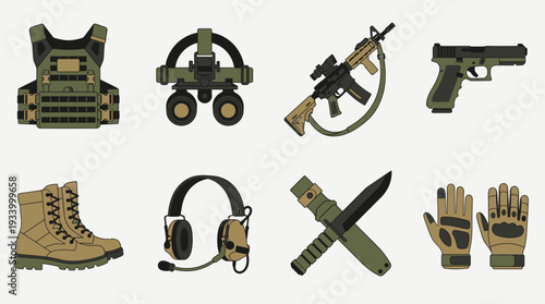 Military Gear Vector Illustration – Tactical Equipment, Weapons, Clothing, and Communication Tools in Black and White for Educational, Training, and Graphic Design Projects