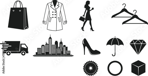 Shopping Bag Trench Coat Woman Delivery Truck Cityscape High Heel Umbrella Diamond Icons fashion retail