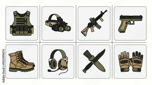 Military Gear Vector Illustration – Tactical Equipment, Weapons, Clothing, and Communication Tools in Black and White for Educational, Training, and Graphic Design Projects