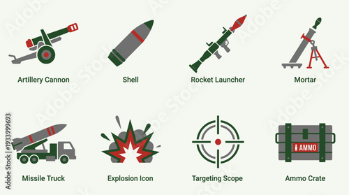 Military Equipment Vector Illustration – Artillery, Missiles, Launchers, Ammunition, and Combat Symbols in Black and White for Educational, Tactical, and Graphic Design Projects