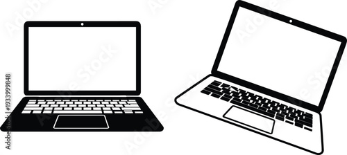 Two black silhouette laptop computers one front view one angled on white technology device