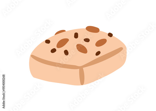 Sweet nut dessert with almond and sesame seeds. Halva piece, oriental eastern treat, sugar food. Confectionery snack, square portion. Flat vector illustration isolated on white background