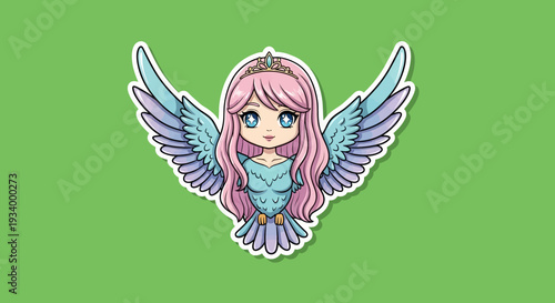 A cartoon girl with pink hair and blue wings is depicted in a whimsical illustration