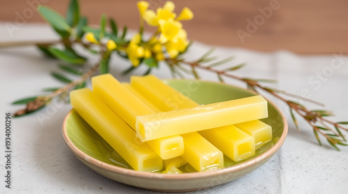 Sticks of unmelted citronella wax on a natural green plate with a plant sprig in background