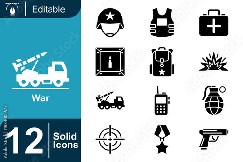 Set of 12 Solid Icons for War and Military Themes, Including Helmet, Vest, First Aid Kit, Missile Launcher, Grenade, Gun, and More - All Editable and Vector Graphics