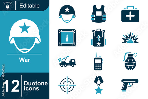 Collection of duotone icons representing elements of war, military, and defense, including helmets, weapons, and safety gear, suitable for diverse projects