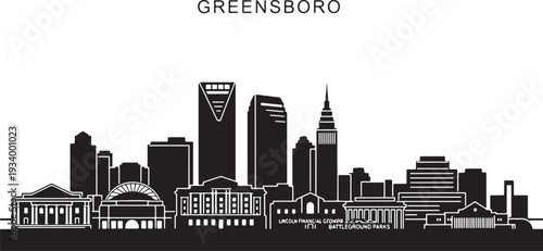 Modern cityscape of Greensboro with sleek skyscrapers and historic buildings