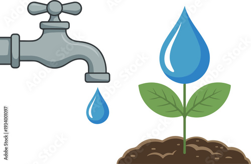 Illustration of water drops from a faucet nourishing a small plant in soil under bright sunlight, highlighting the importance of hydration for growth