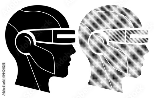 Two stylized heads wearing virtual reality headsets, one in silhouette and one in metallic stripes